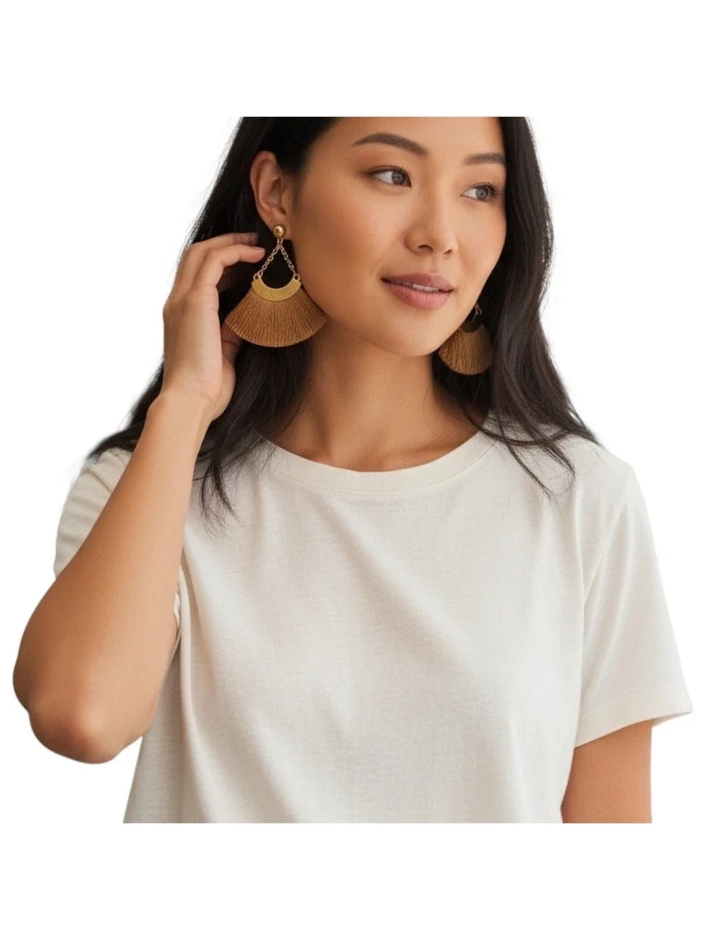 Gold Tone Fringe Fan Earrings Dangle Boho Chic Women